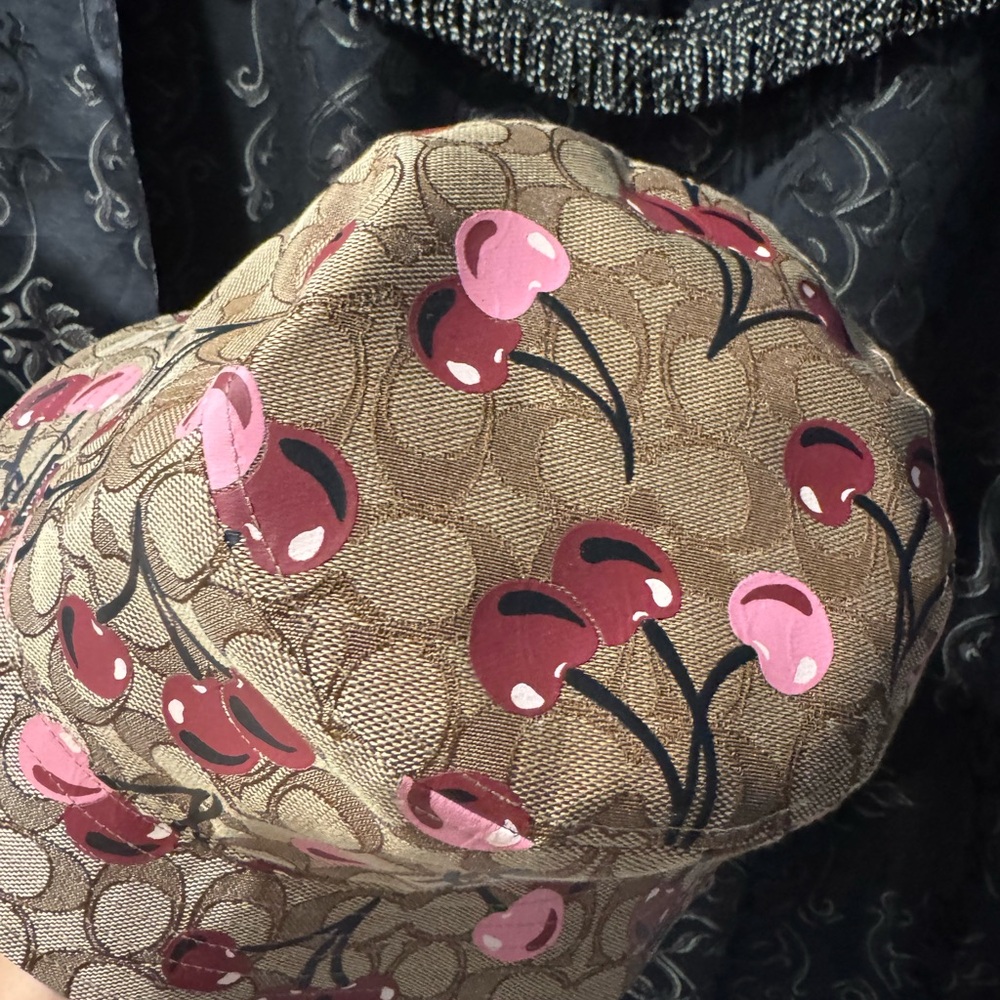 Coach Heart Cherries Print Bucket Hat in Brown and Pink - Picture 3 of 6